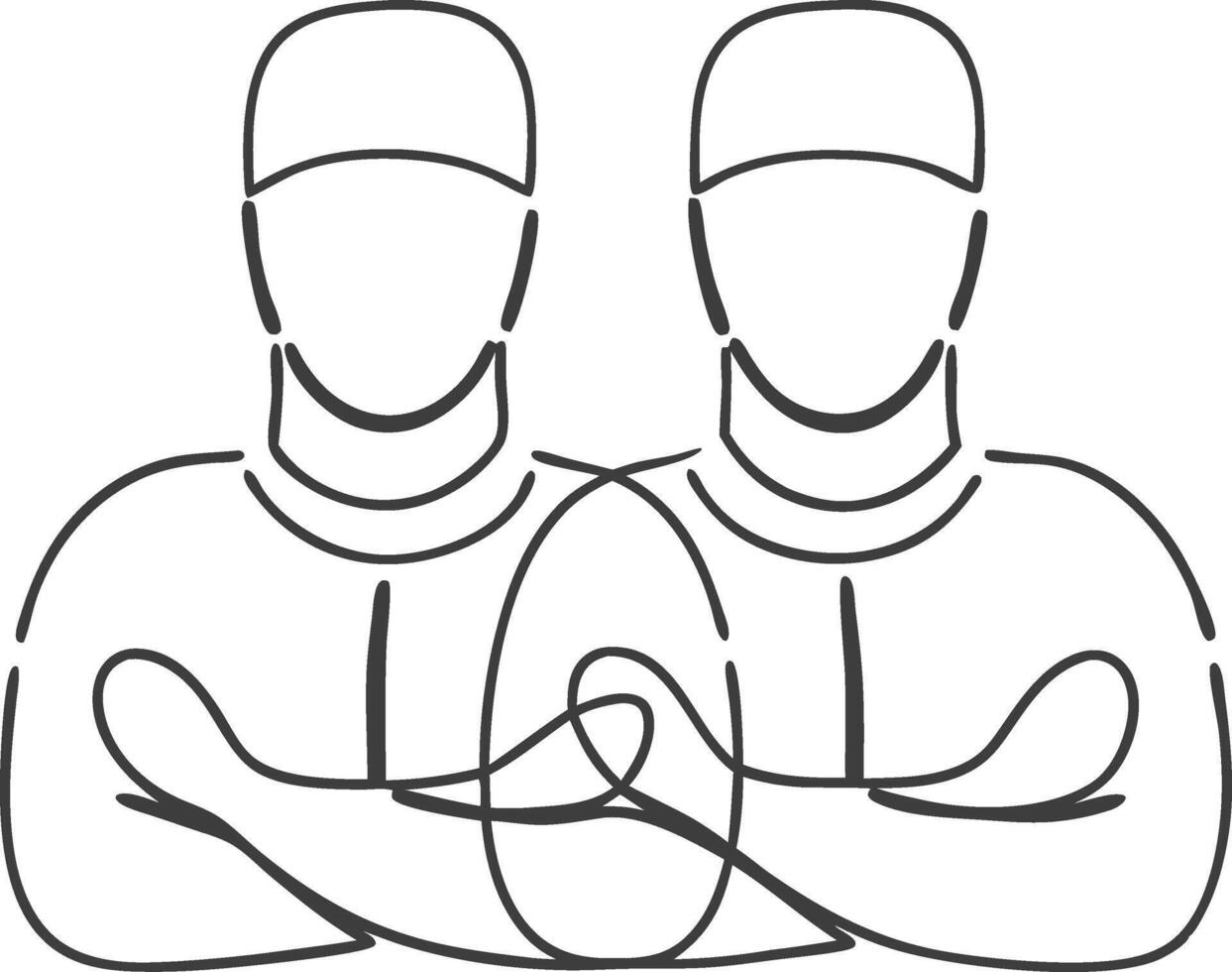 Minimalist continuous line drawing depicting two individuals with arms crossed and wearing headwear. vector