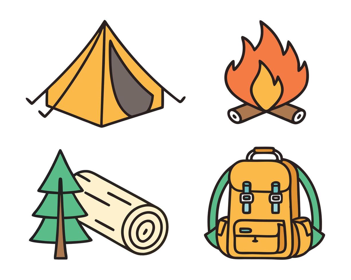 Camping adventure illustration featuring tent bonfire backpack tree log nature and outdoor elements vector