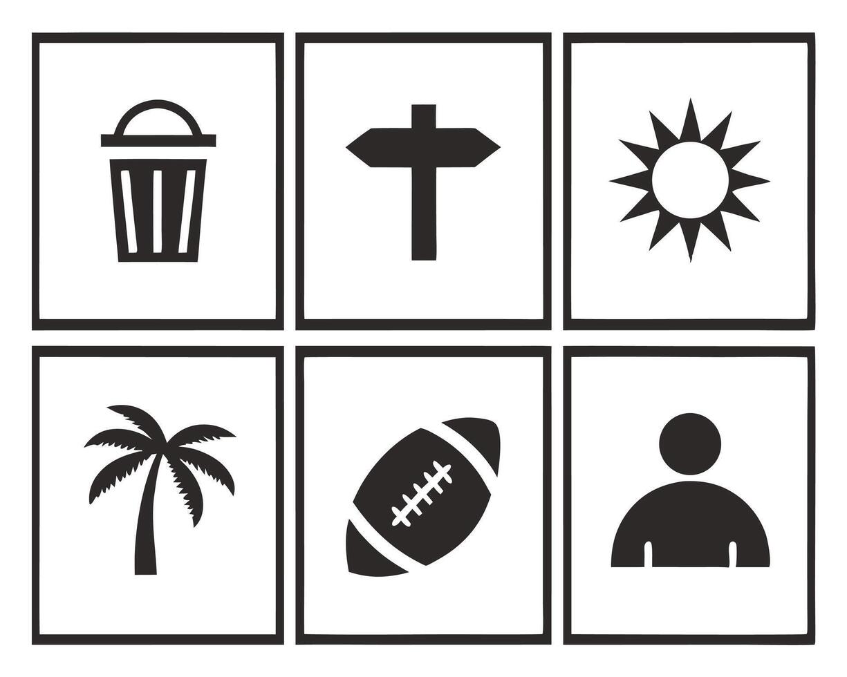 Collection of six simple black and white icons of diverse objects and symbols on white background vector