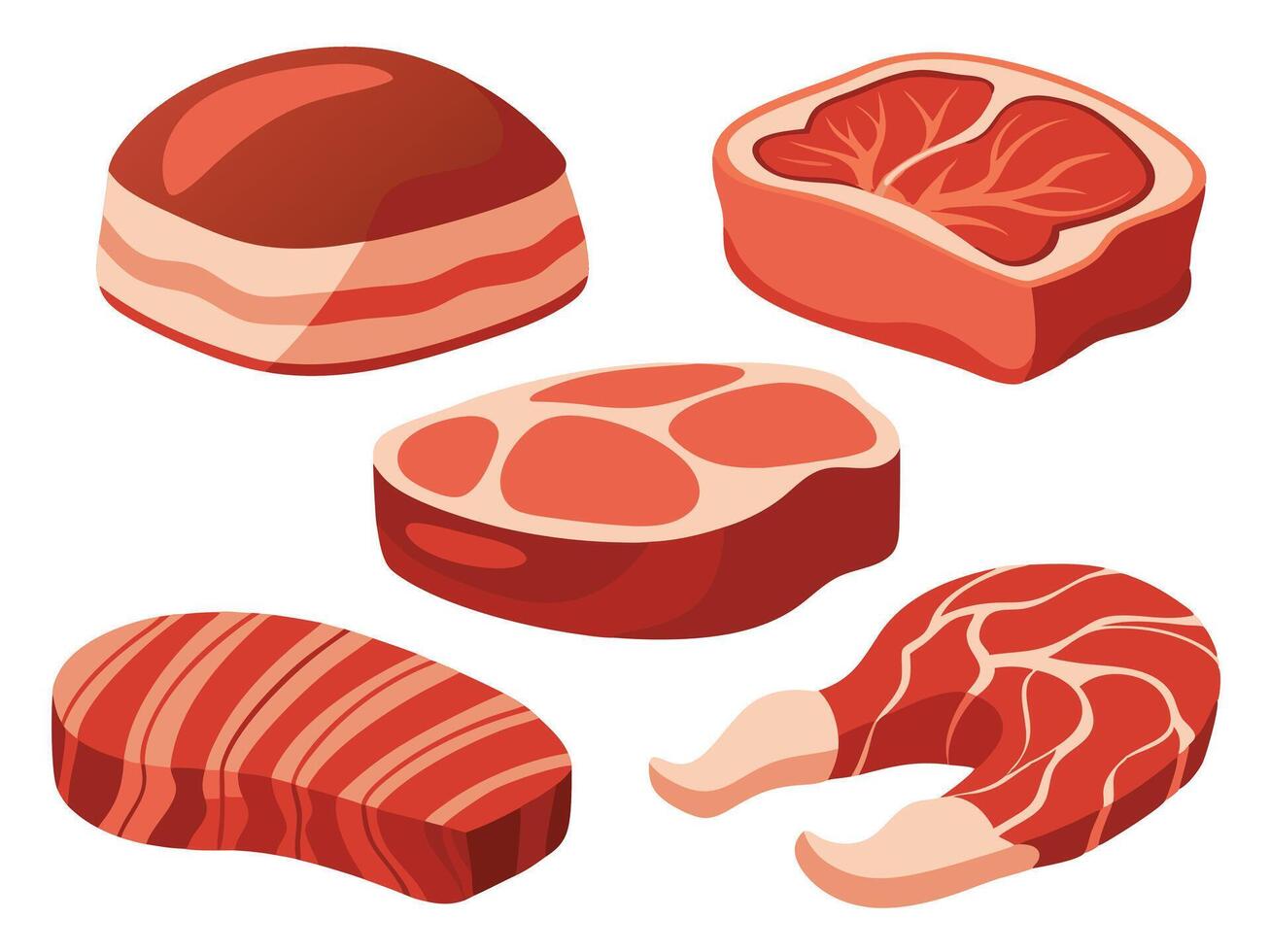 Assortment of various cuts of raw meat in cartoon style for culinary and food related design vector