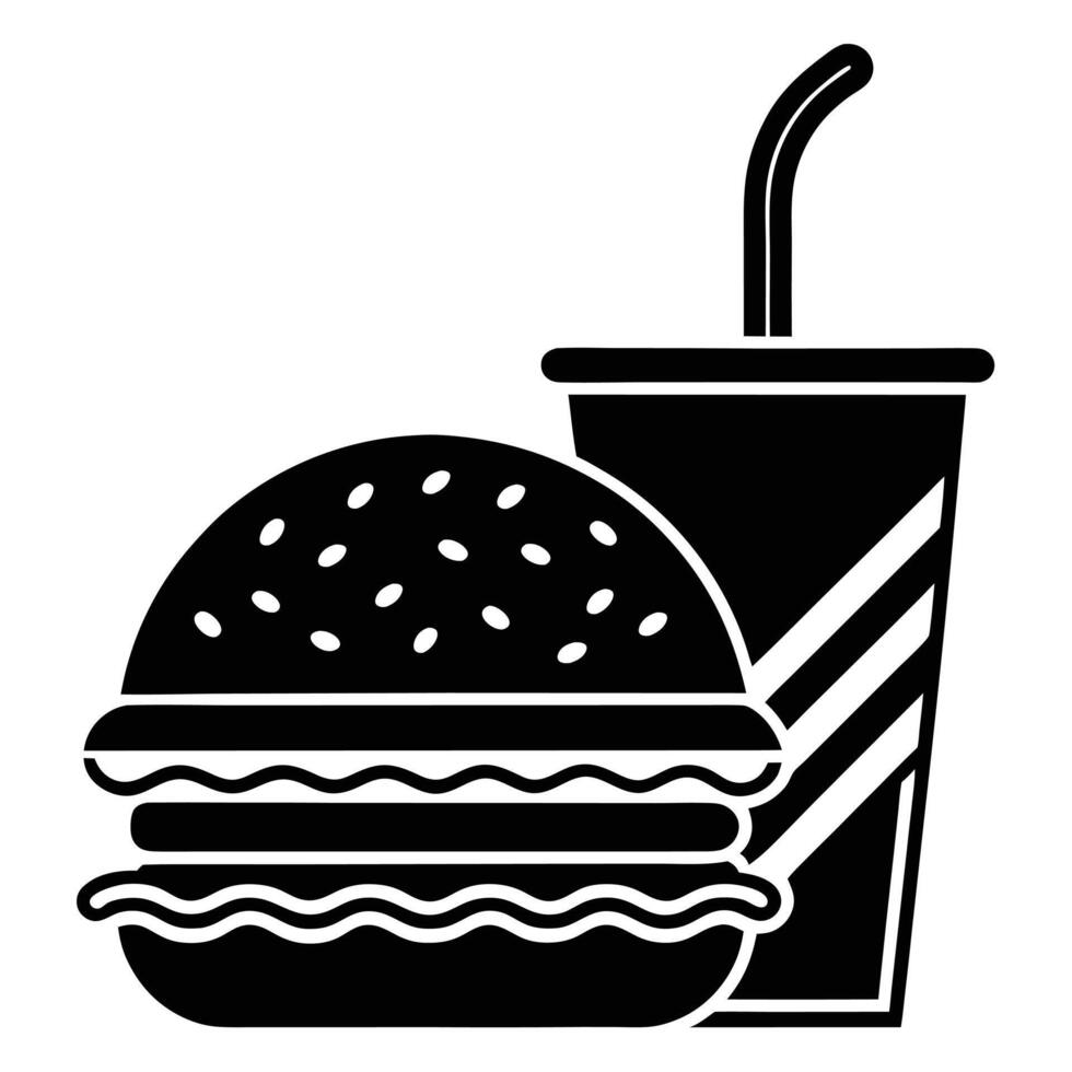 illustration featuring a delicious burger and refreshing drink with straw presented in a simple black and white style. vector