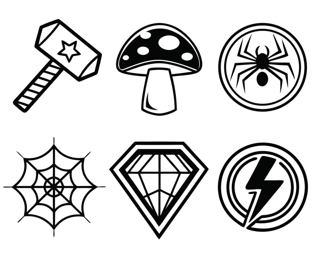 Hand drawn superhero themed cartoon icons collection featuring hammer mushroom spider web diamond and lightning bolt vector