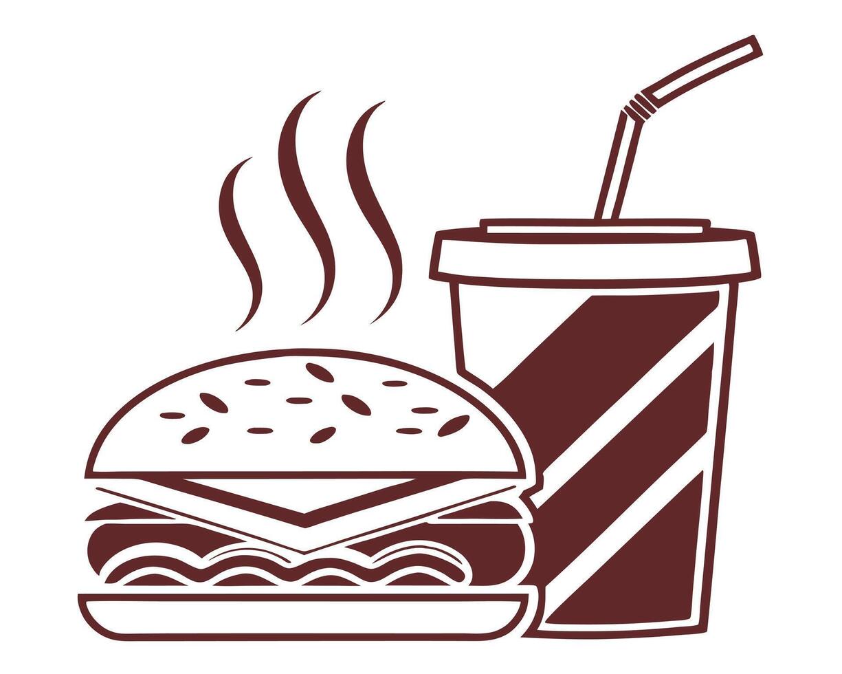 Delicious burger and drink illustration representing classic fast food menu items with simple outline design vector