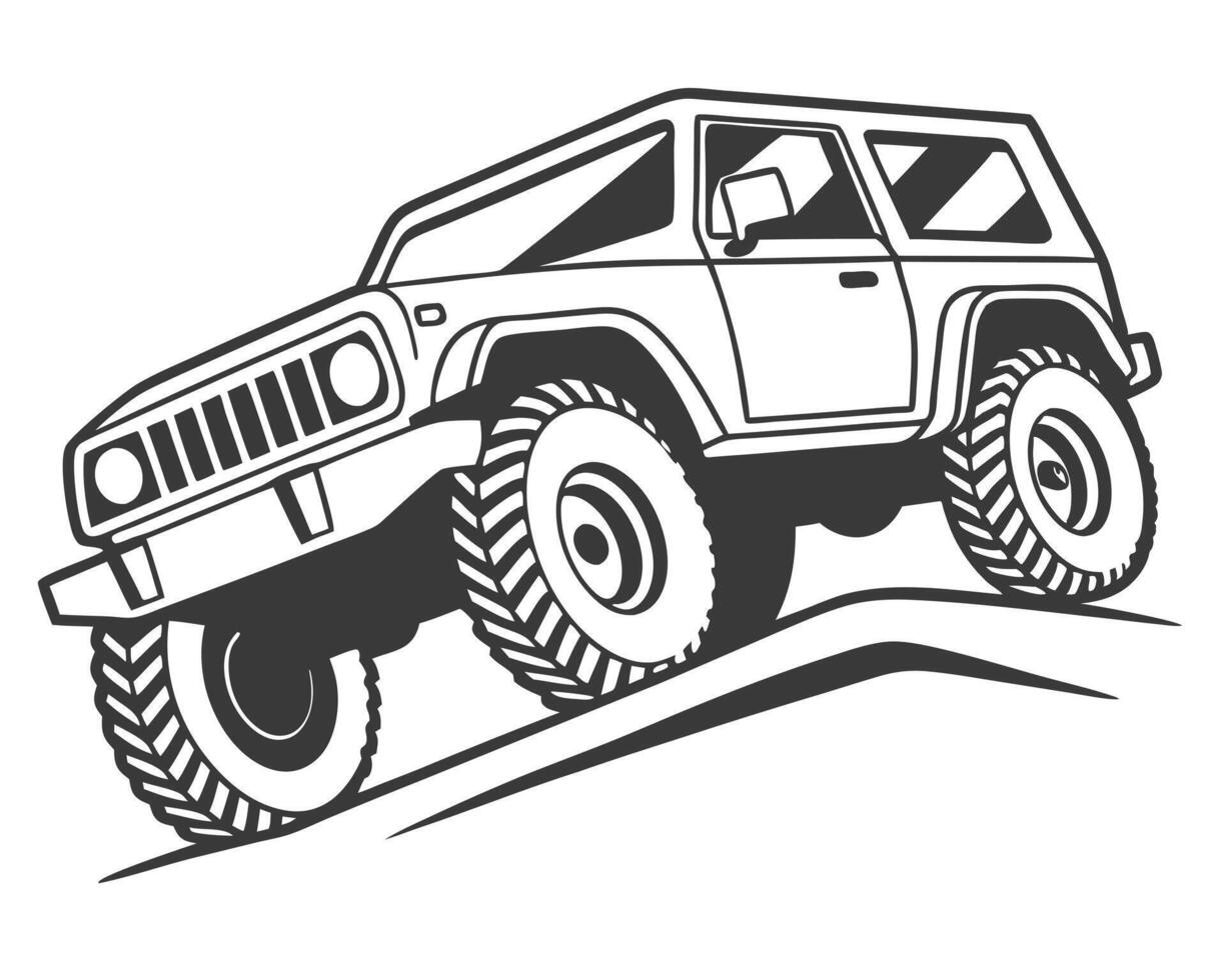 Black and white illustration of a rugged off-road vehicle climbing a hill vector
