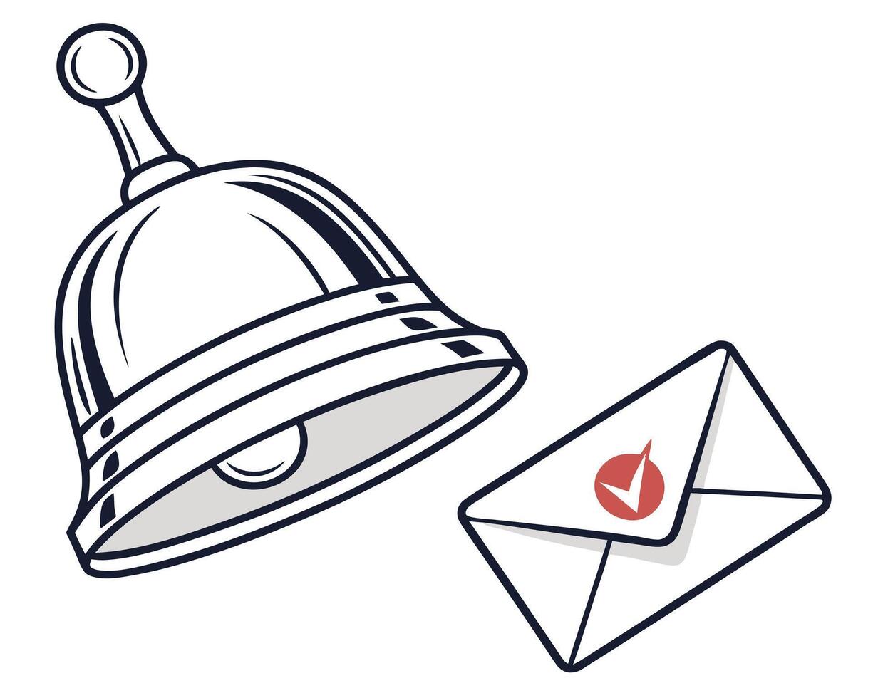Hand bell ringing to announce important message with a received mail and a check mark confirmation vector