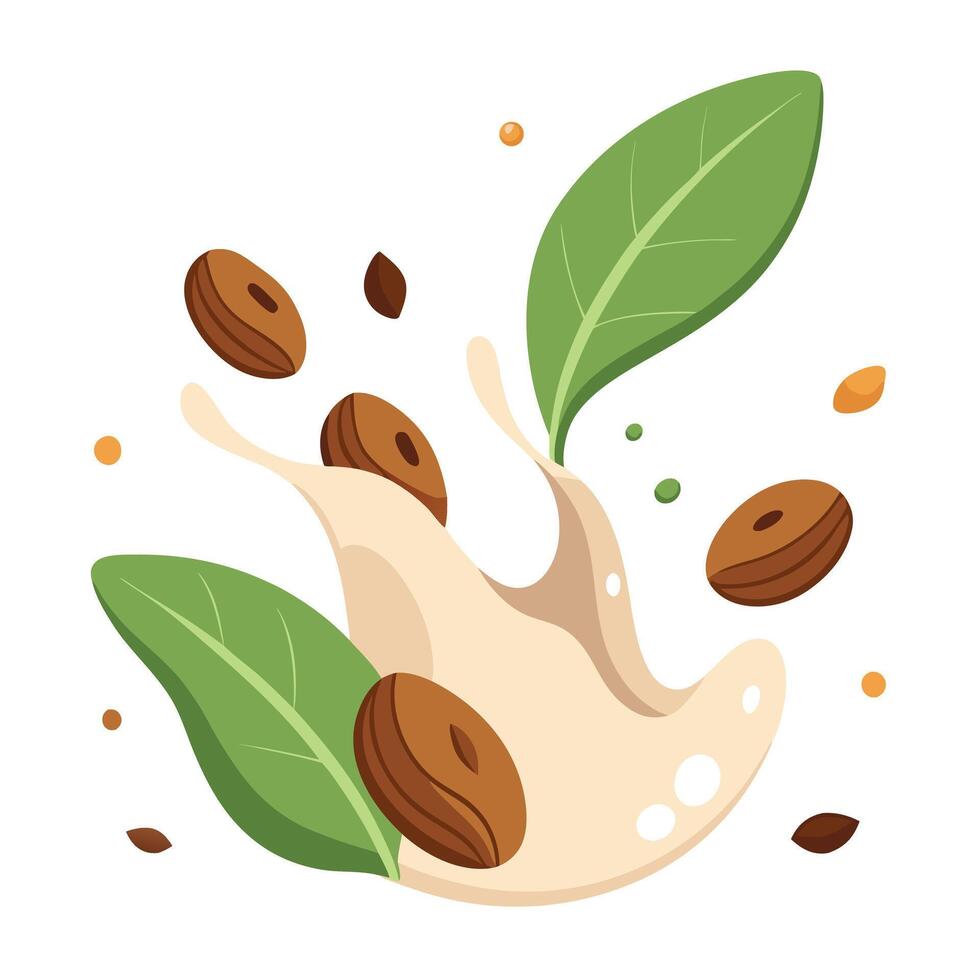 Creamy splash with nuts and green leaves illustration representing healthy eating or natural ingredients vector