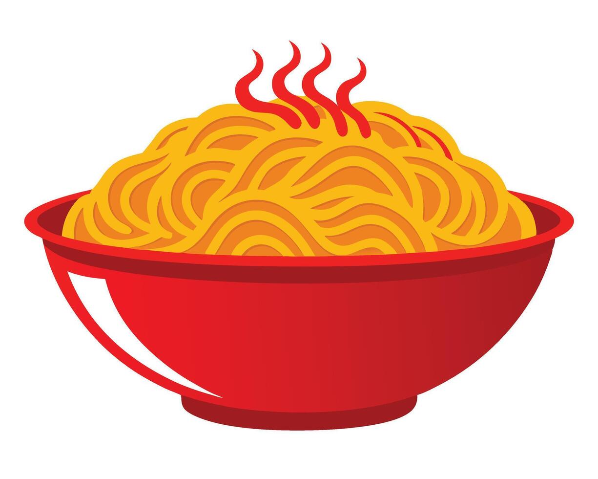 Vibrant illustration of a red bowl filled with freshly cooked and steaming noodles ready to eat vector