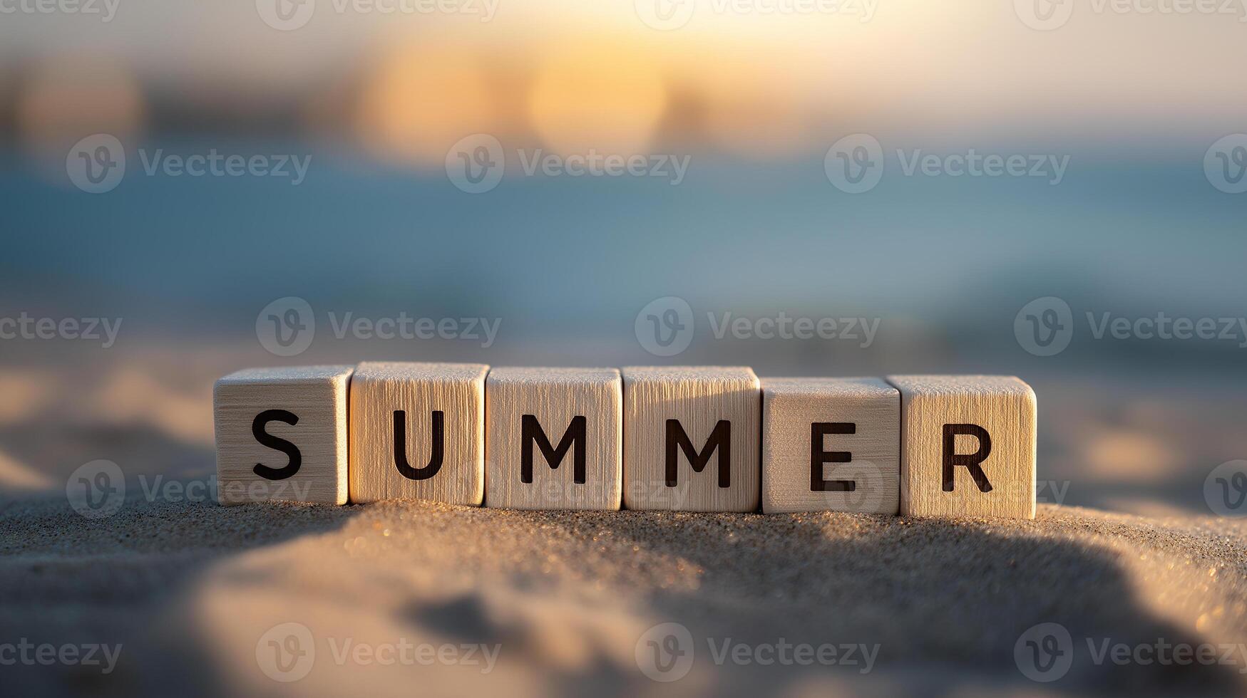Summer Vacation with Beach Getaways and Holiday Relaxation. Summer Written on a Wooden Cube photo