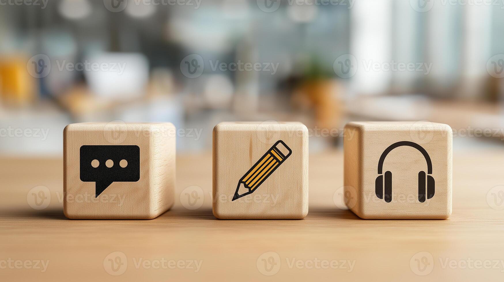 Customer Support, Call Center and Communication Strategies Represented by Symbolic Wooden Cubes photo