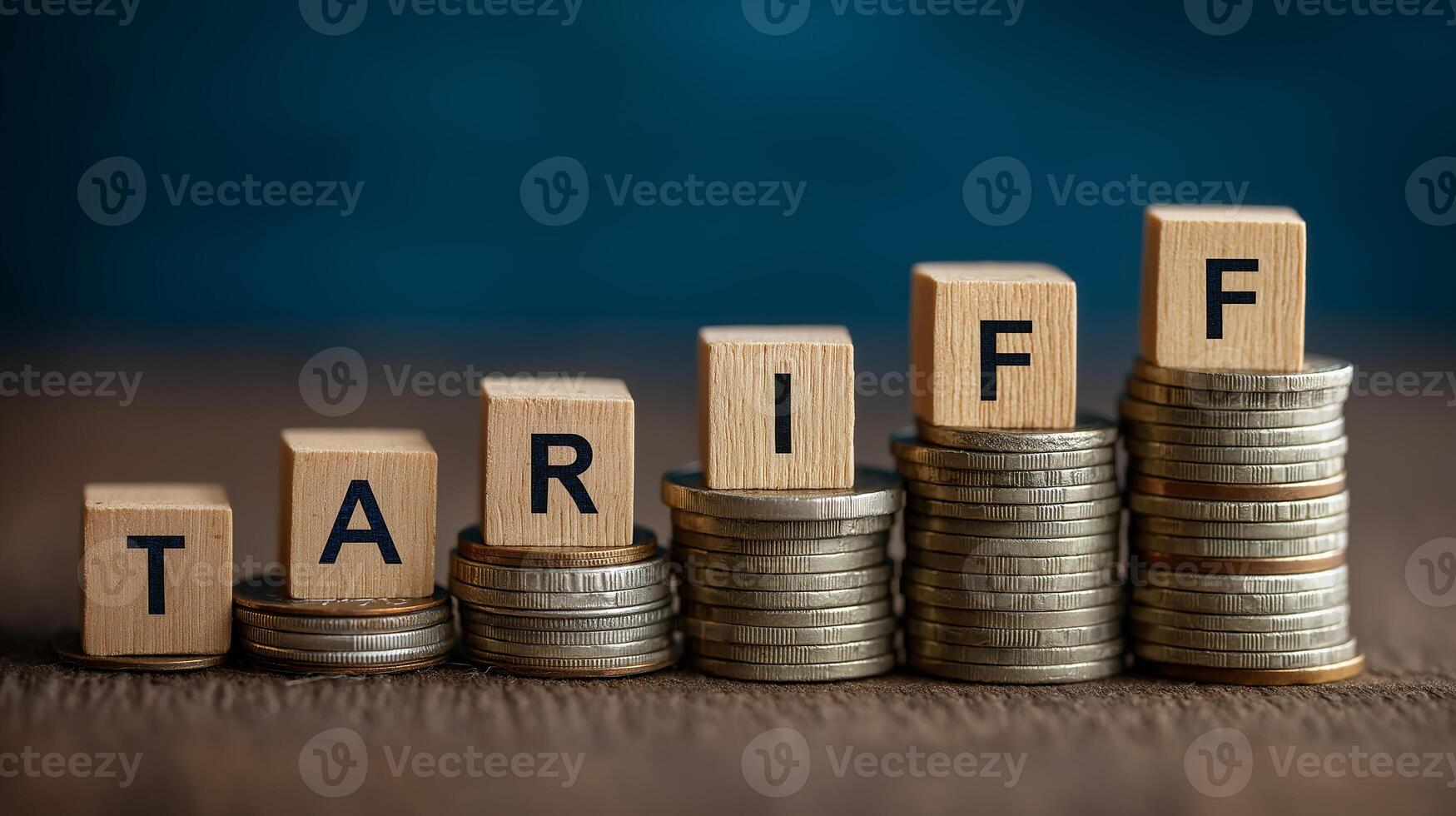 The word TARIFF is written on the cubes standing on the stacks of coins photo