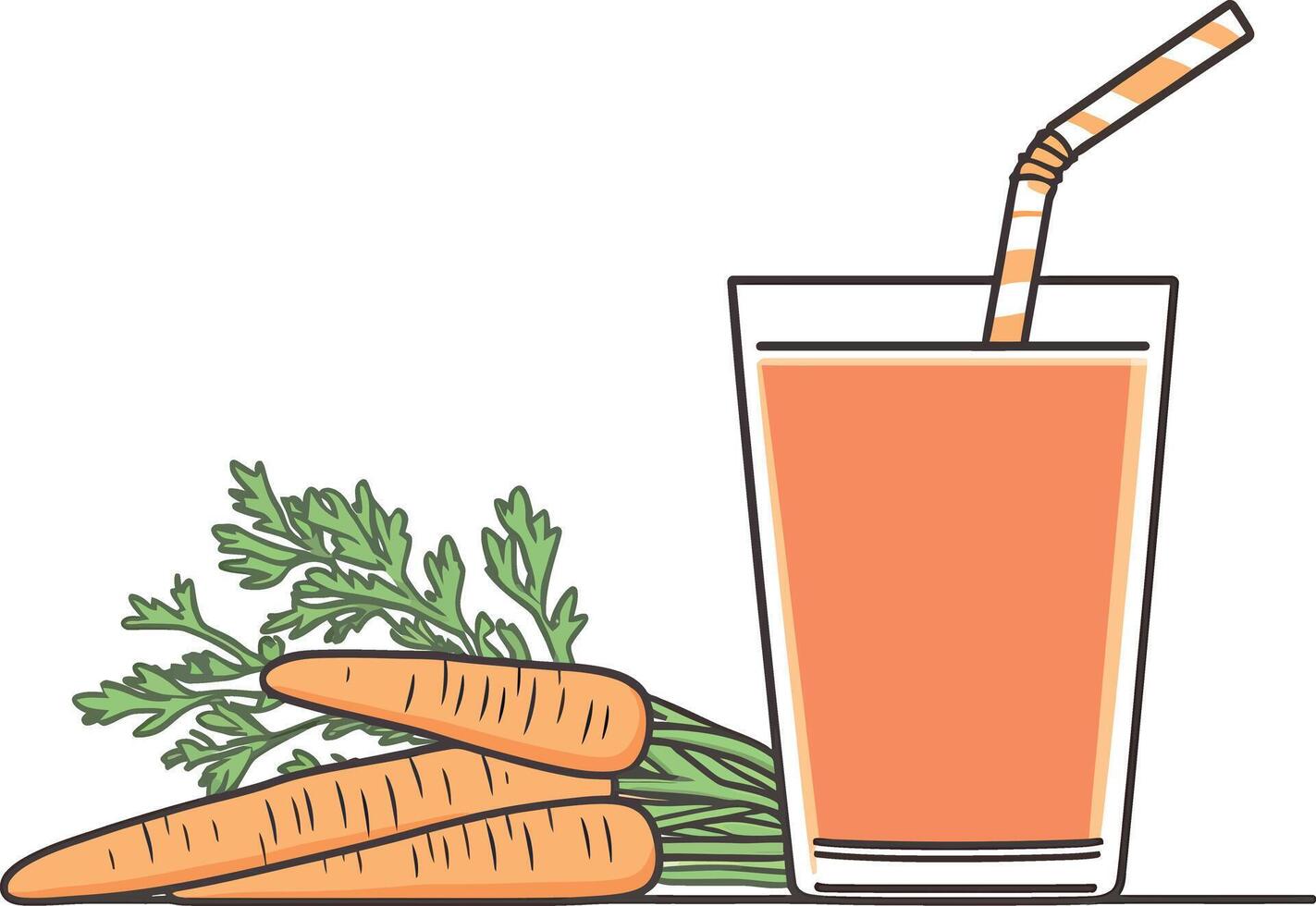 Fresh Carrot Juice in Glass with Straw and Three Carrots with Green Tops vector