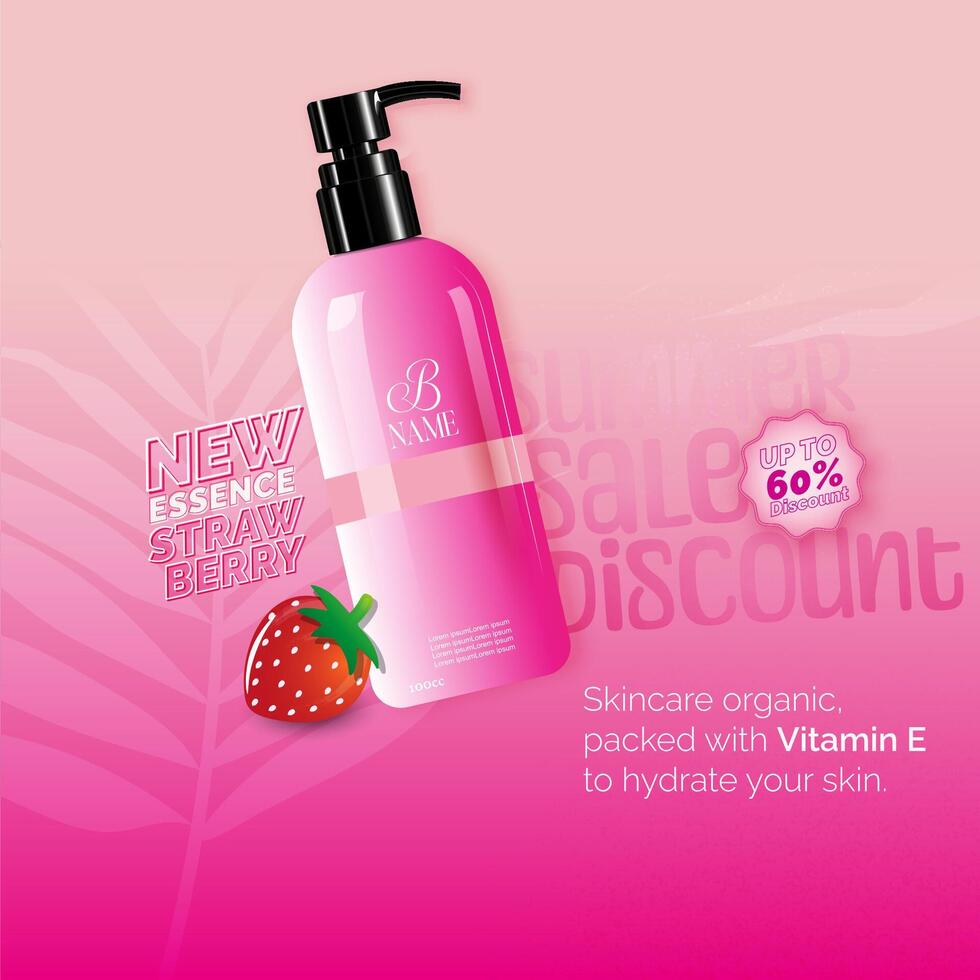 Pink skincare product bottle with a black pump, centered on a pink gradient background vector