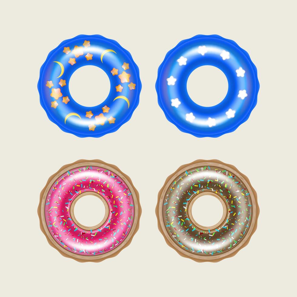 Four colorful inflatable pool rings are displayed against a white background vector
