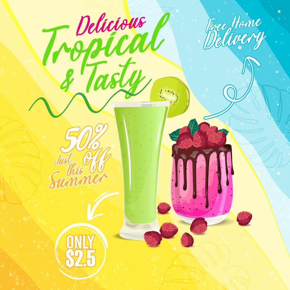 A brightly colored promotional design featuring two summer drinks vector