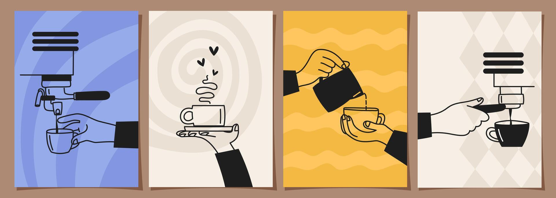 Set of coffee designs, hands making coffee on minimal background for posters, invitations, covers, menus and other templates. illustration in doodle style vector