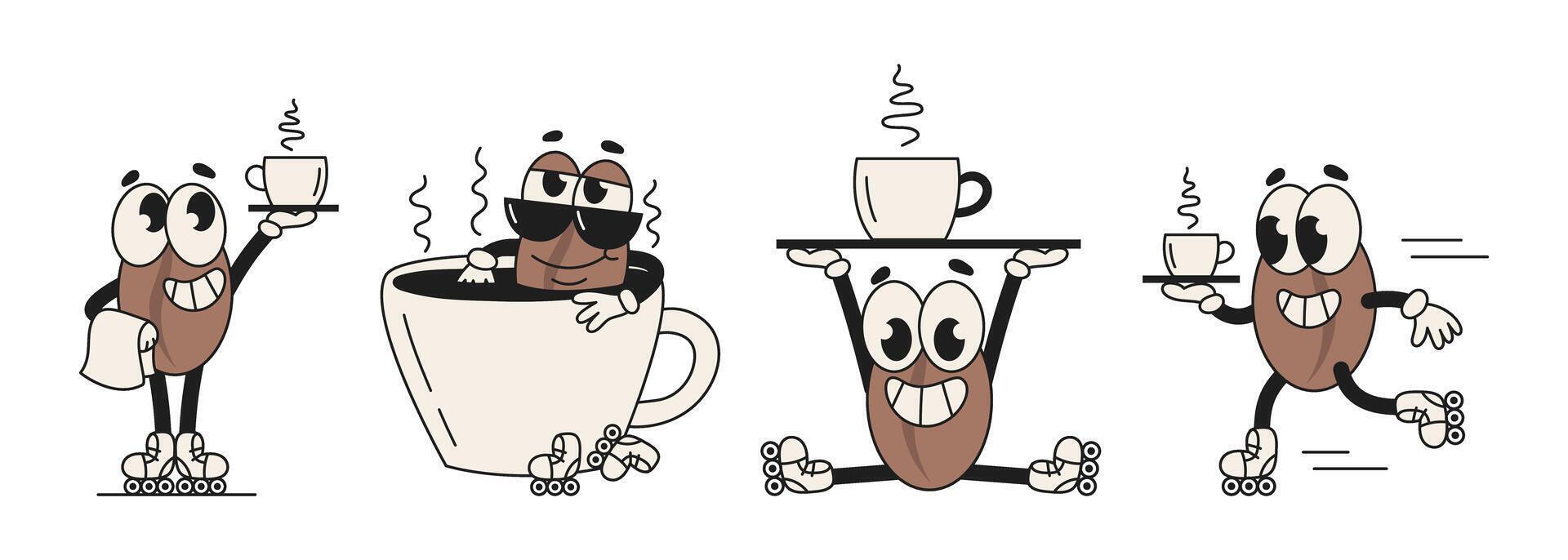 Retro set of groovy coffee character. Cup of coffee, coffee bean. isolated illustration vector
