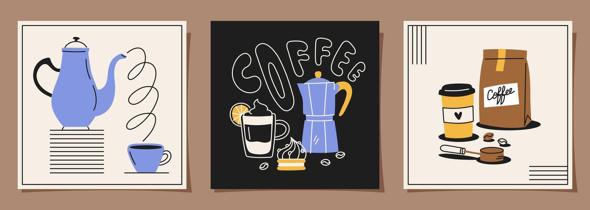 Set of card designs, coffee posters on minimal background for invitations, covers, menus and other design and interior templates. illustration in doodle style vector