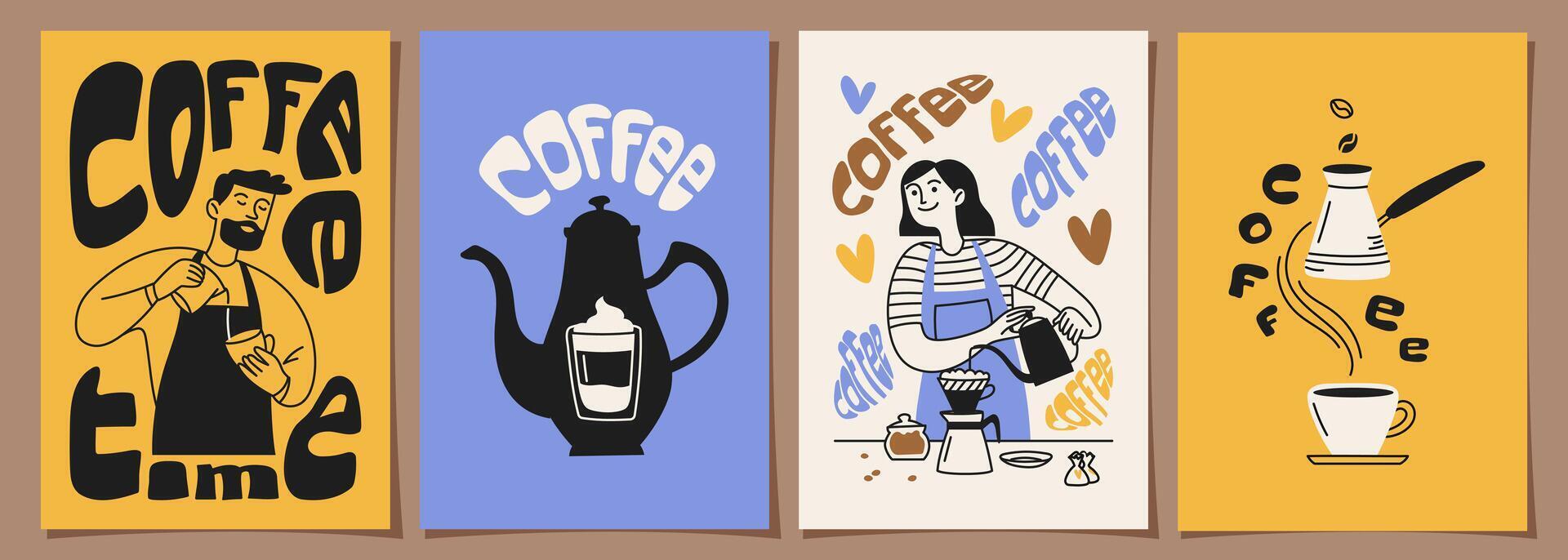 Set of coffee, barista designs on minimal background for posters, invitations, covers, menus and other design and interior templates. illustration in doodle vector