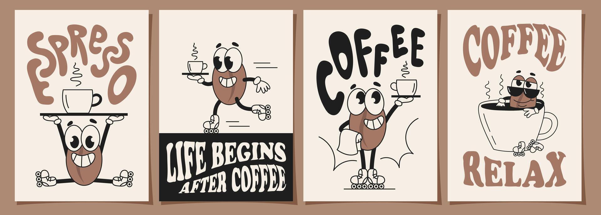 Vintage coffee design set, funny coffee character on minimal background for posters, invitations, covers, menus and other templates. Groovy style illustration vector