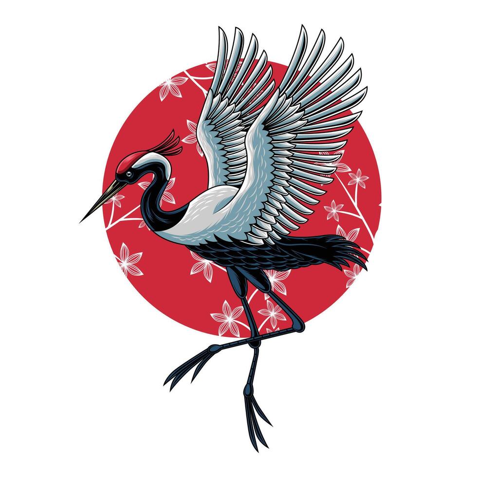Japanese Crane Bird Illustration with Flower Background vector