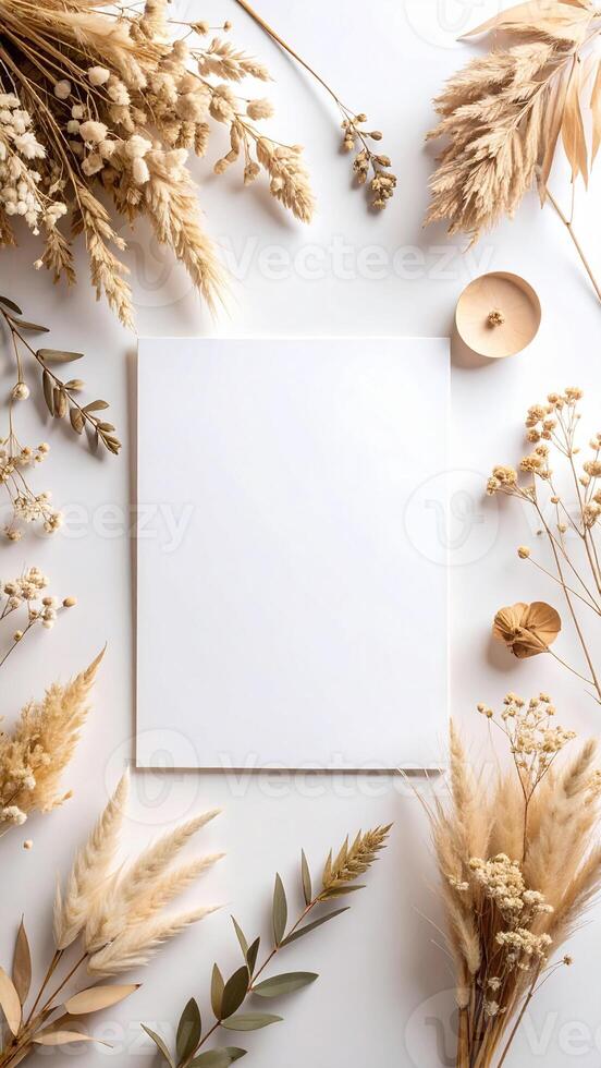 Neutral Flat Lay Composition With Dried Flowers and Blank Card on White Background for Creative Projects or Invitations photo