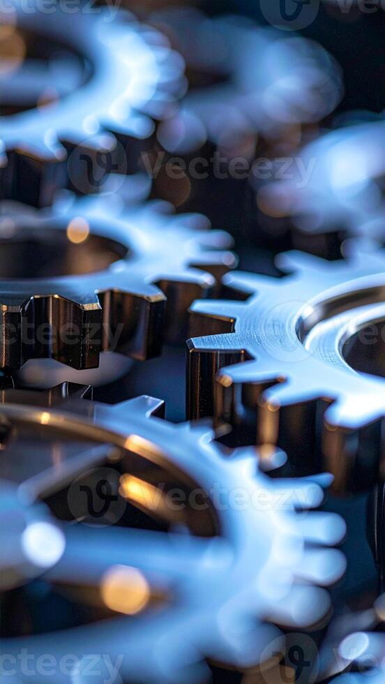 Intricate Gears Interlocked in a Mechanical Assembly Showcasing Precision Engineering in a Workshop Setting photo