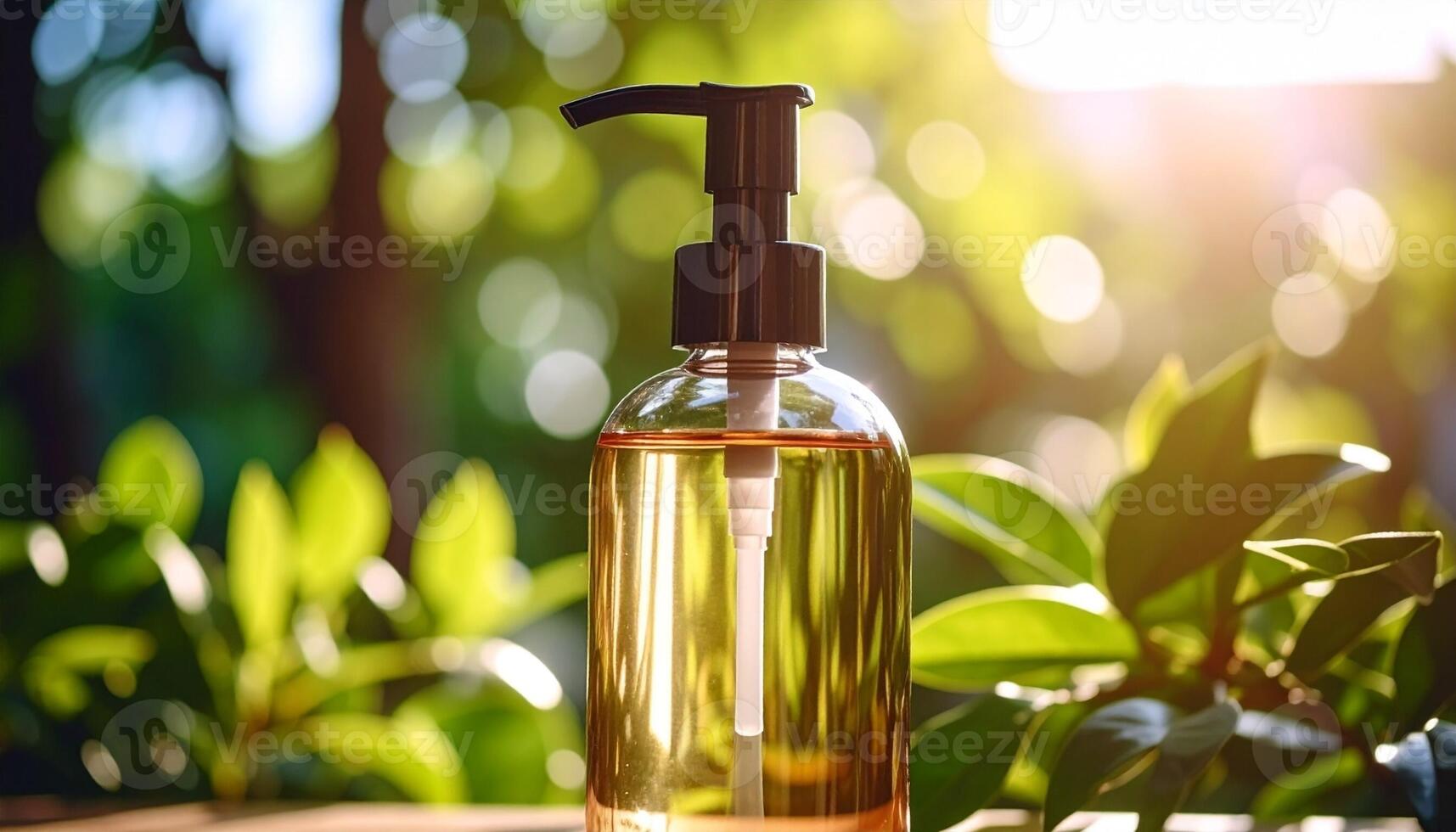 Clear Glass Pump Bottle With Essential Oil in a Green Garden Illuminated by Sunlight During the Golden Hour photo