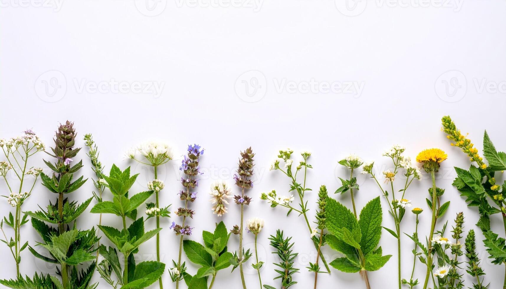 Colorful Arrangement of Fresh Herbs and Wildflowers on a Light Background Celebrating Nature's Diversity and Beauty photo