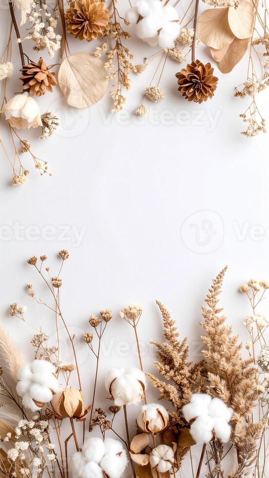 Dried Flowers and Natural Elements Arranged Artistically on a White Background to Create a Minimalist Design photo