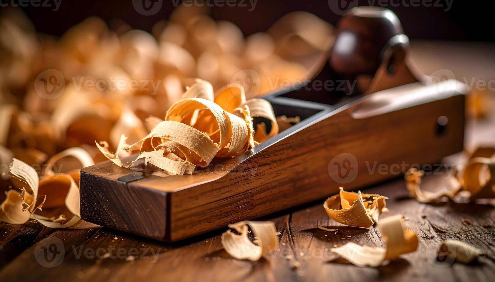 Hand Plane Rests on Wooden Workbench Surrounded by Wood Shavings in a Workshop During Afternoon Light photo