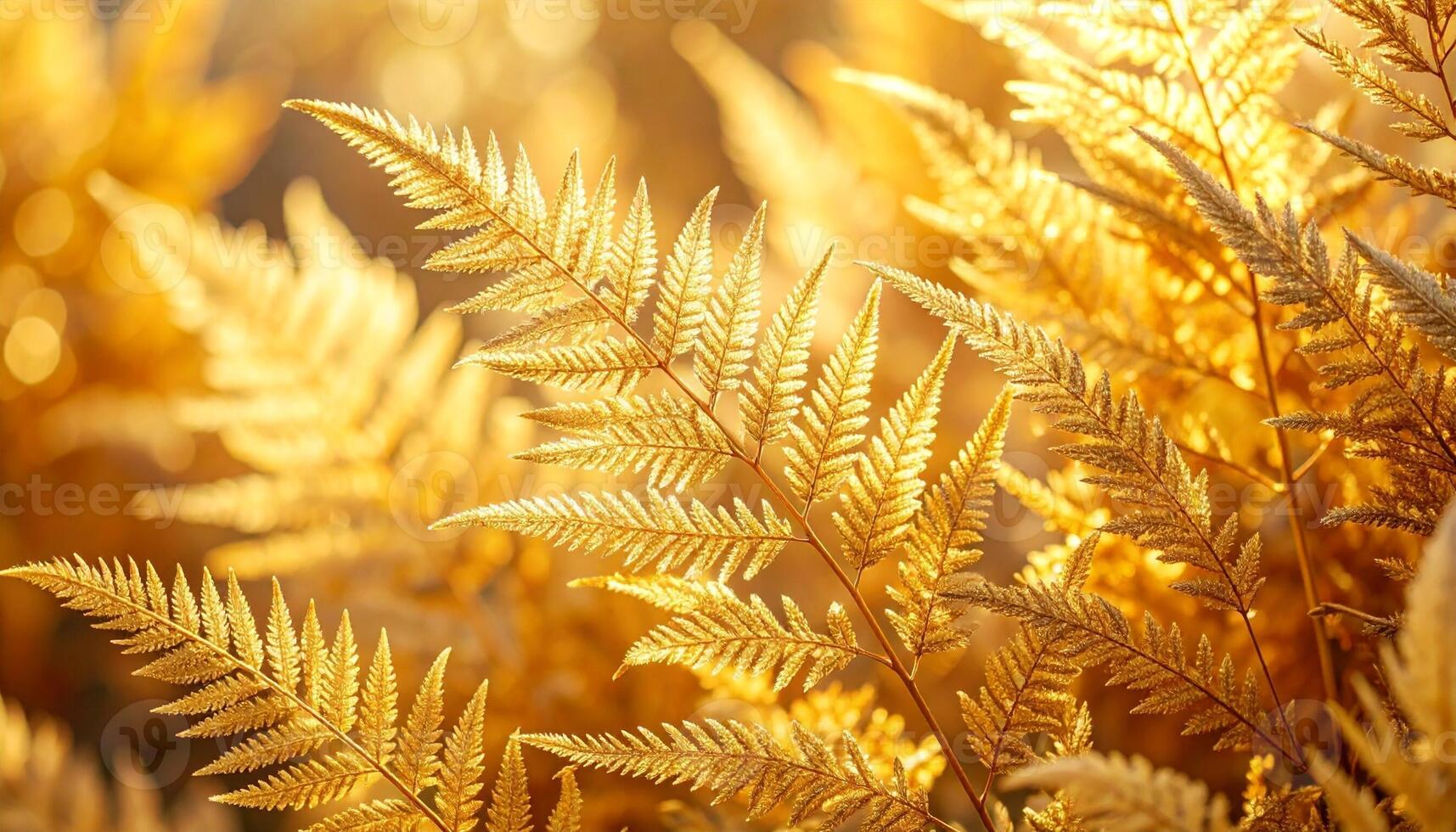 Golden Ferns Illuminated by Sunlight Create a Stunning Natural Display in a Forest During Autumn photo