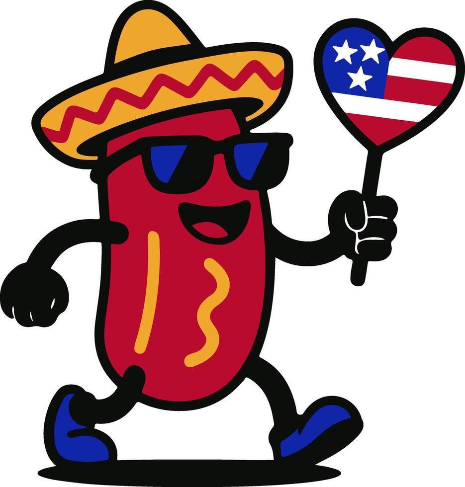 Cartoon hotdog character wearing American flag clothing and celebrating a patriotic holiday joyfully vector