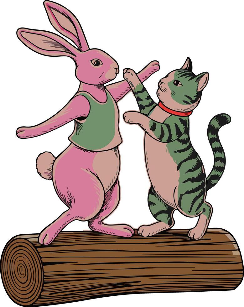 Cute cat and rabbit dancing on a wooden log illustration vector