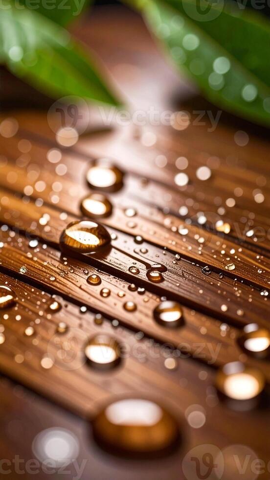 Close-up of Raindrops on Wooden Surface With Green Leaves in Background During a Tranquil Morning photo