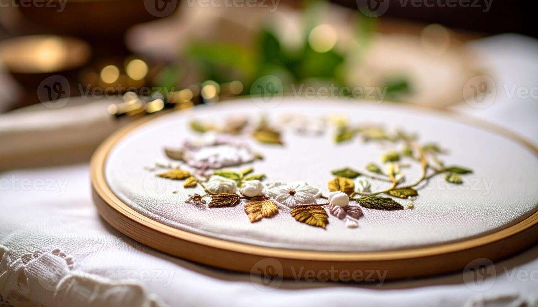 Exquisite Floral Embroidery Displayed on a Wooden Hoop With Intricate Details in a Cozy Crafting Space photo