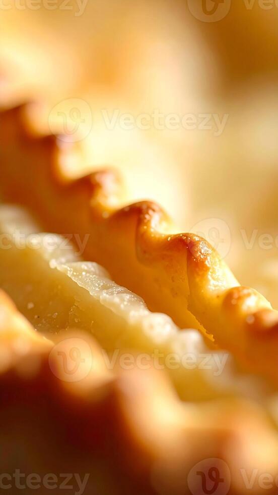 Golden Crust of Freshly Baked Pastry Showcases Intricate Details in a Warm Kitchen Setting on a Sunny Afternoon photo