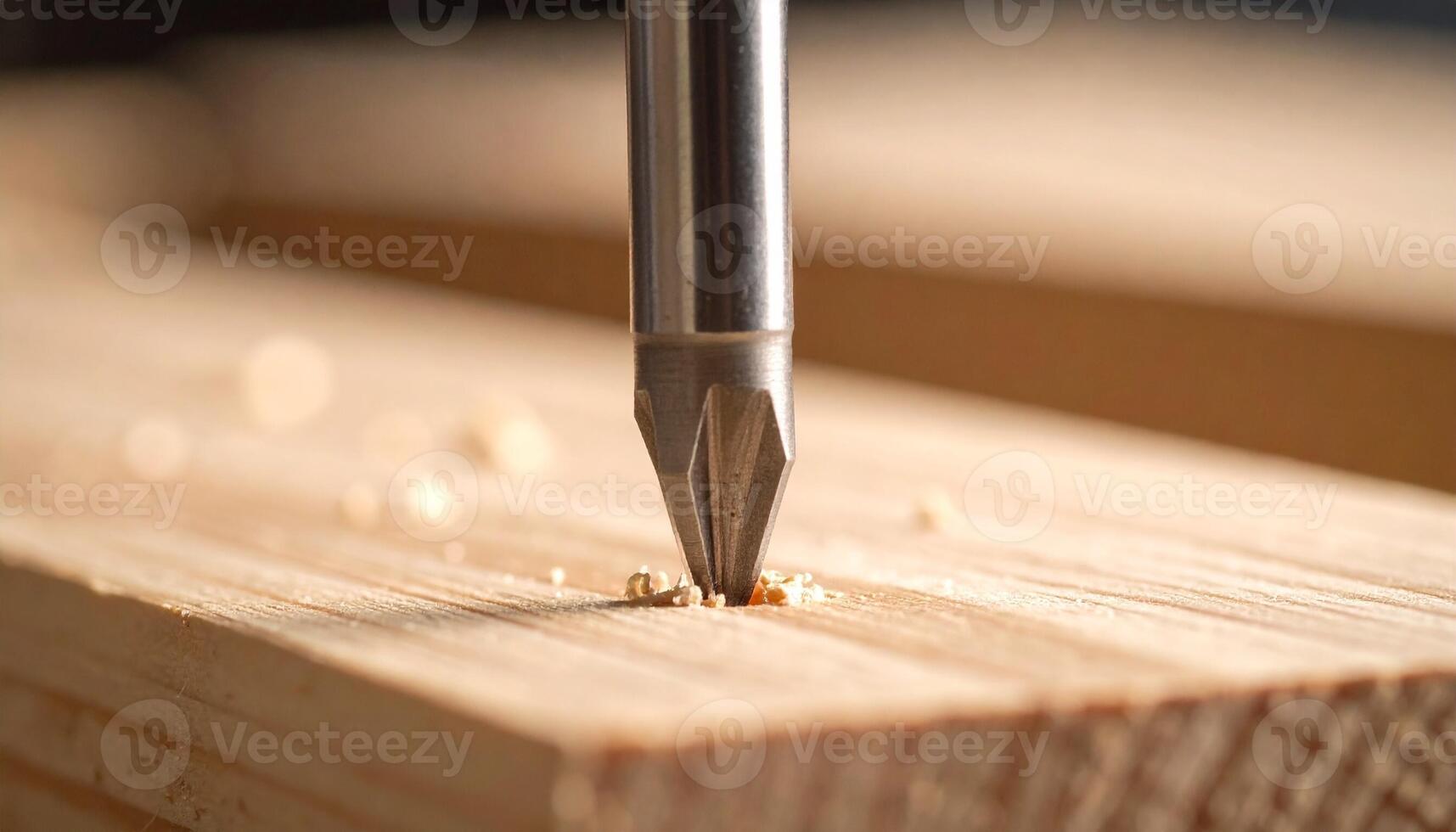 Close-up of a Drill Bit Engaging With a Piece of Wood While Creating a Precise Hole in a Workshop During Daylight Hours photo