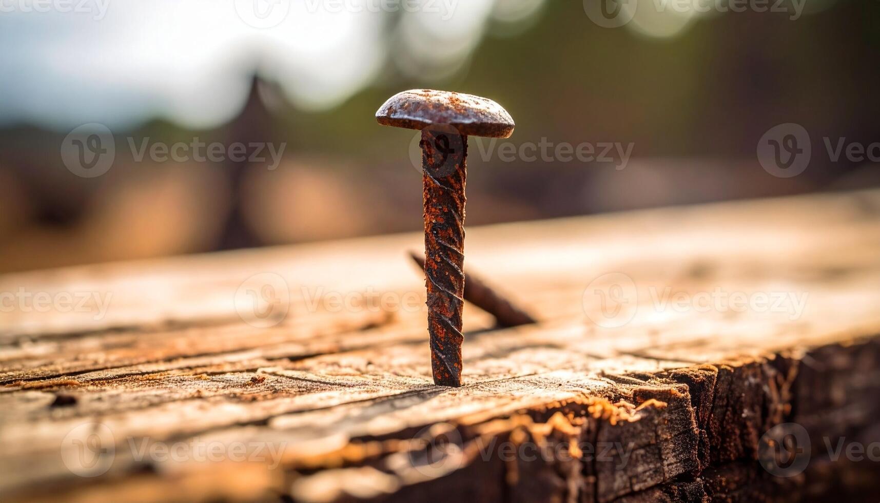 Rusty Nail Embedded in a Weathered Wooden Plank During Late Afternoon Light photo