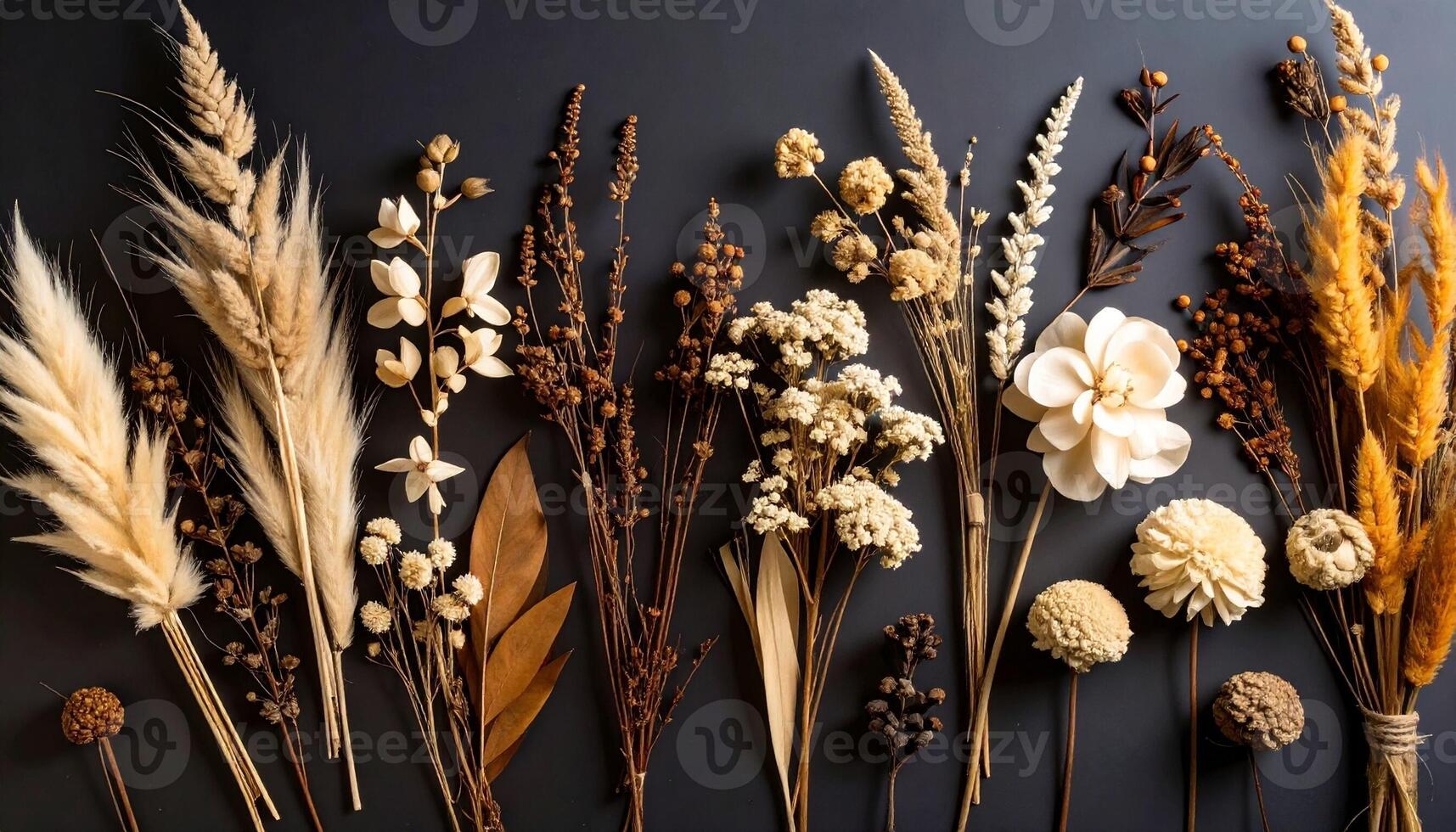 Beautiful Arrangement of Dried Flowers and Foliage in Warm Tones on a Dark Background photo