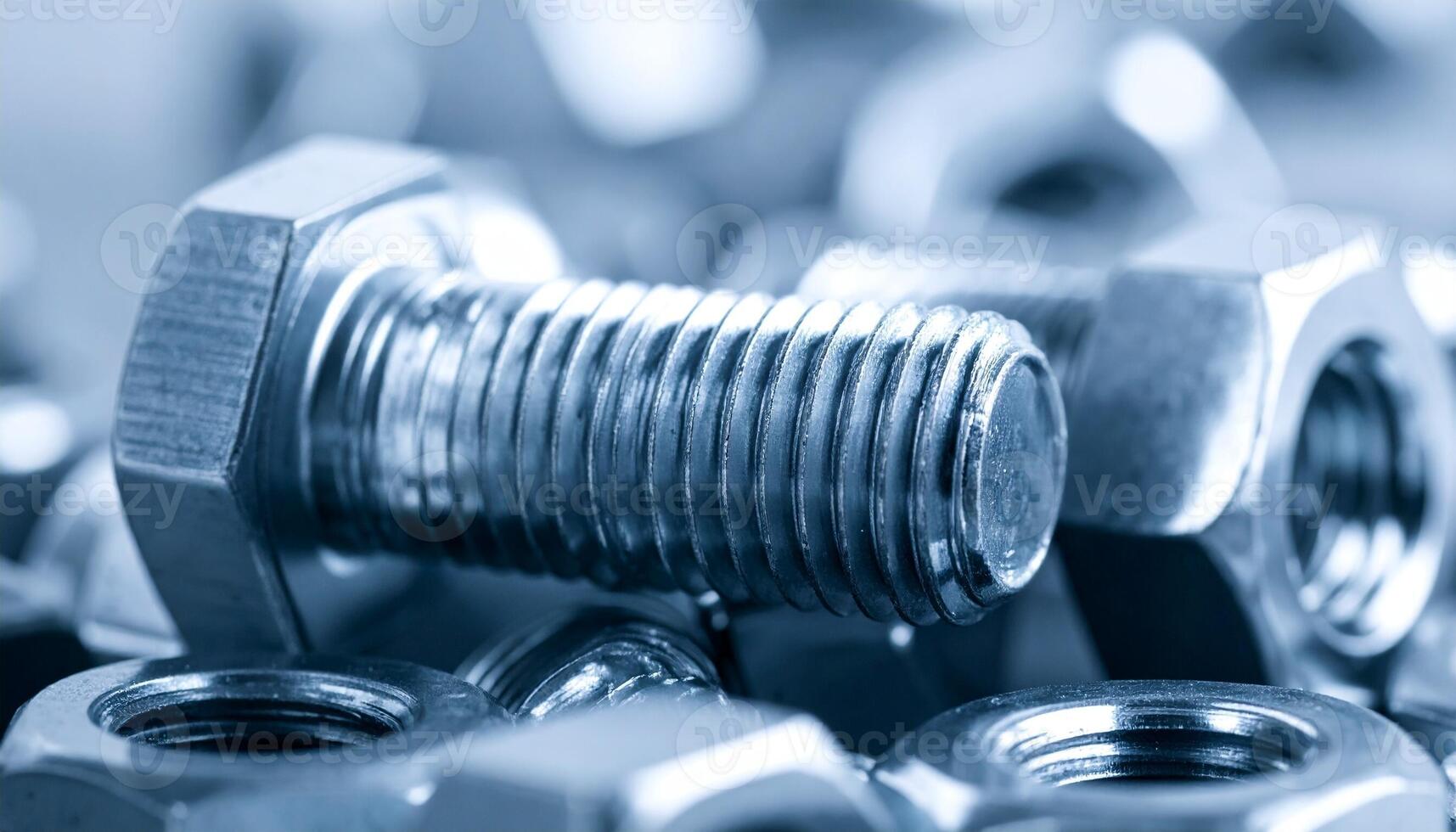 Metallic Bolts and Nuts Arranged in a Close-Up View Highlighting Industrial Hardware and Manufacturing Components photo