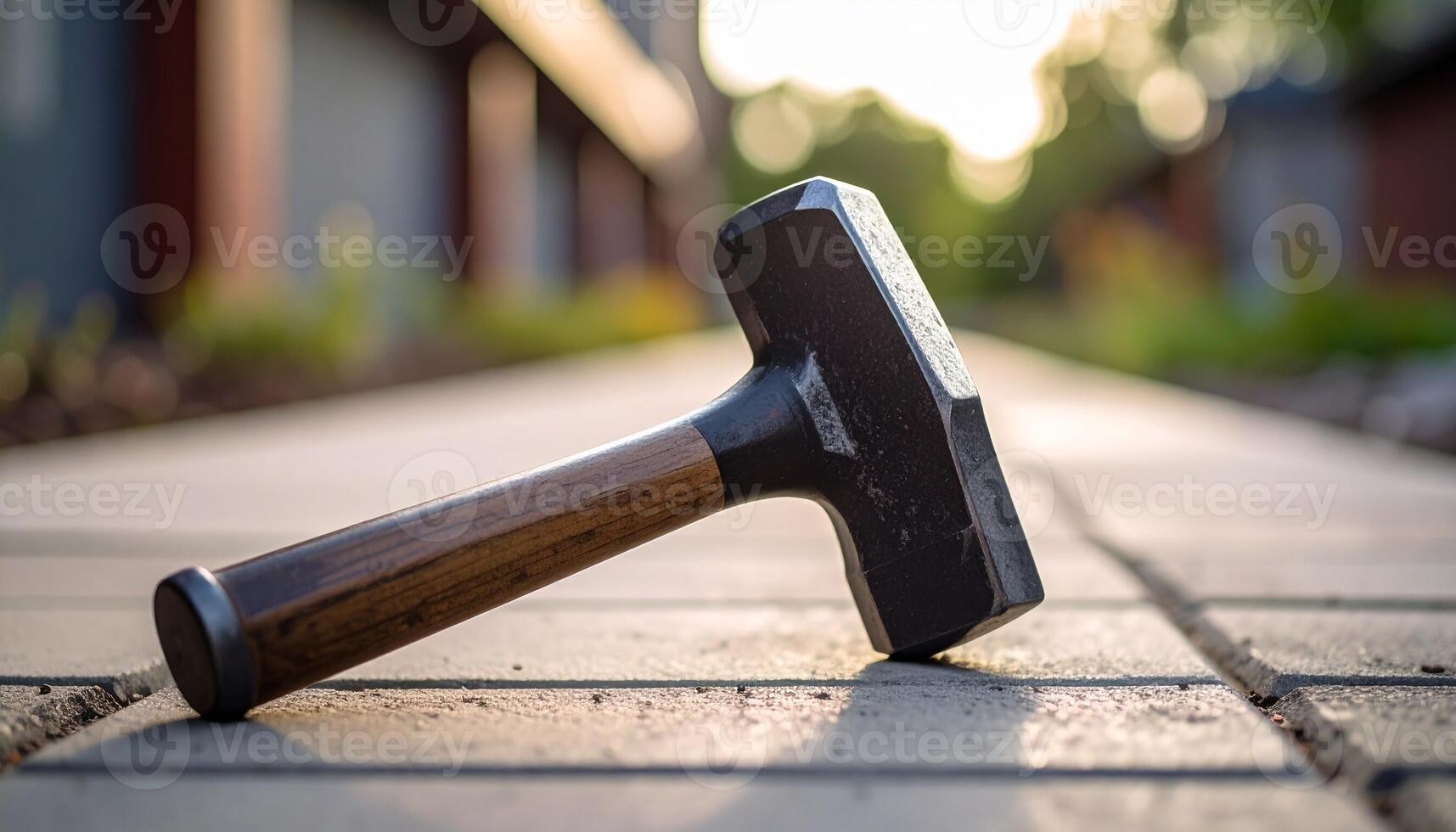Hammer Resting on a Paved Pathway in the Late Afternoon Sun Near Residential Buildings photo