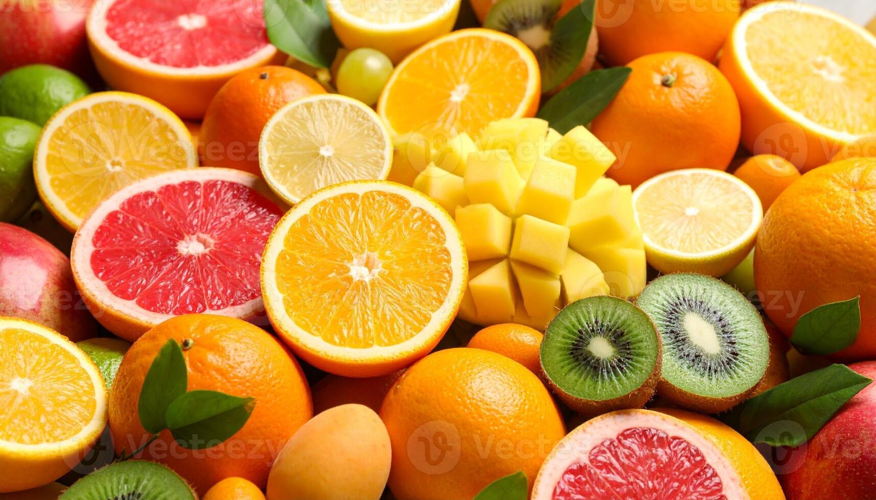 Colorful Assortment of Fresh Fruits Displayed on a Table, Highlighting Vibrant Textures and Natural Colors photo