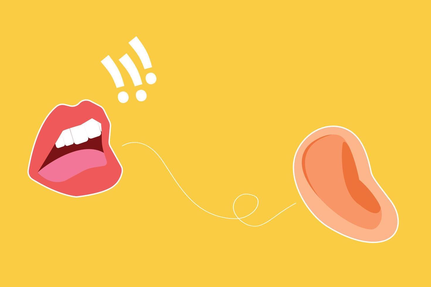 Open mouth with shouting with exclamation points. An ear listens to a secret vector