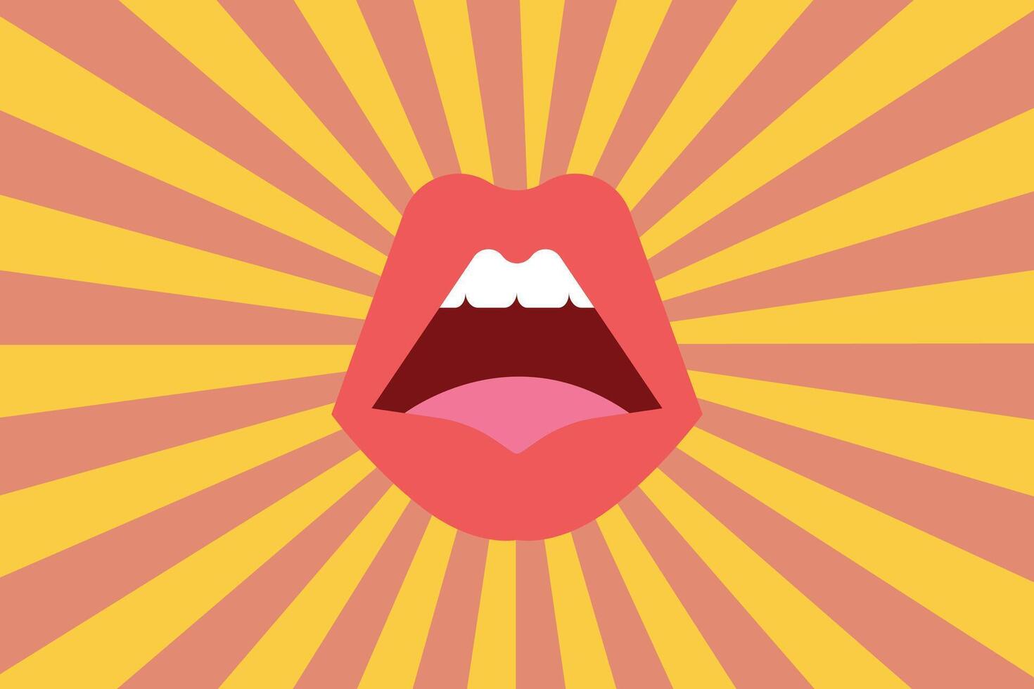 Retro style mouth with half tone pattern sunbeams. vector