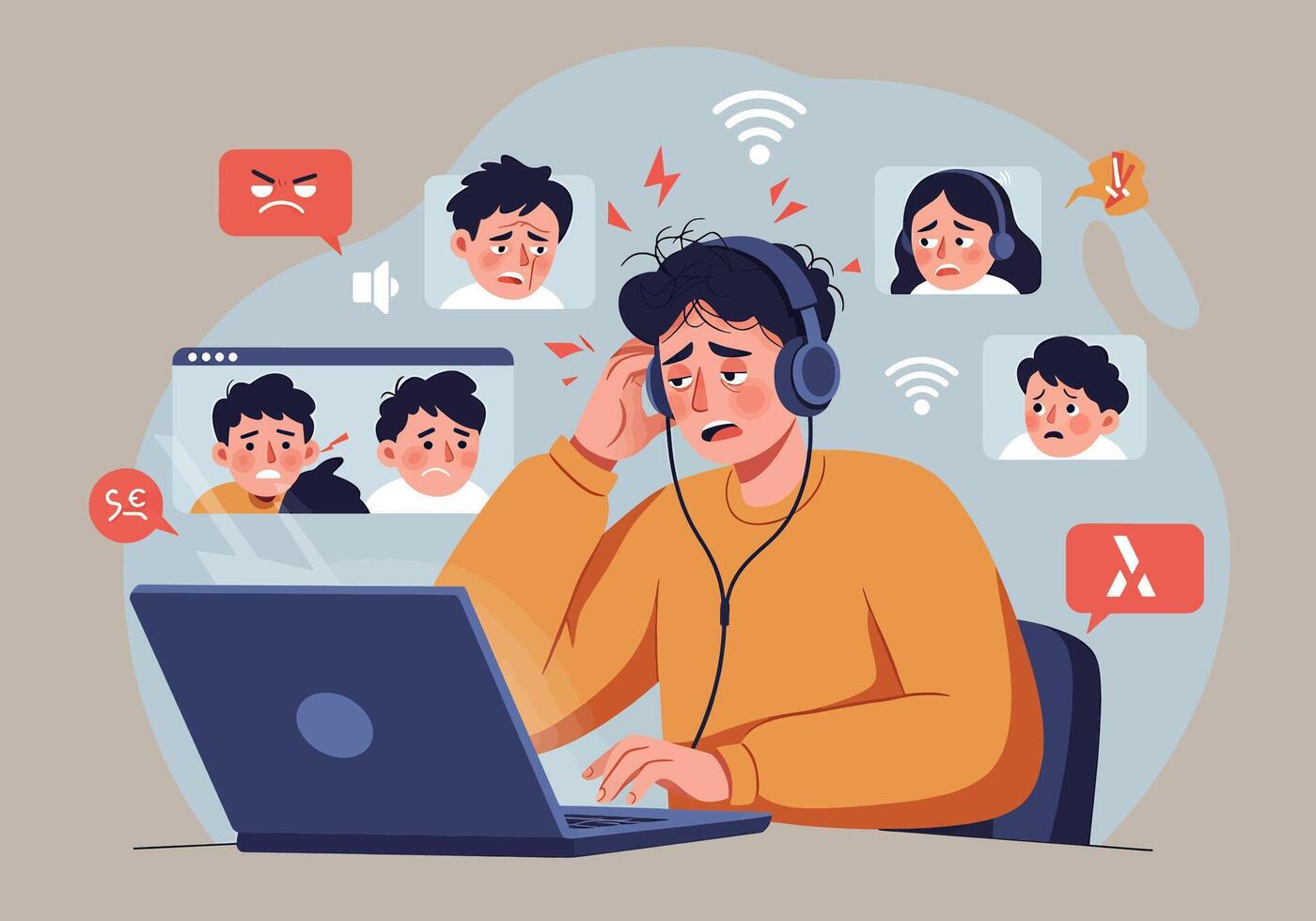 A man is sitting at a laptop with headphones on and a group of people around him vector