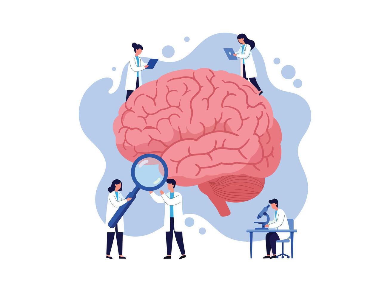 People looking at a brain with magnifying glass vector