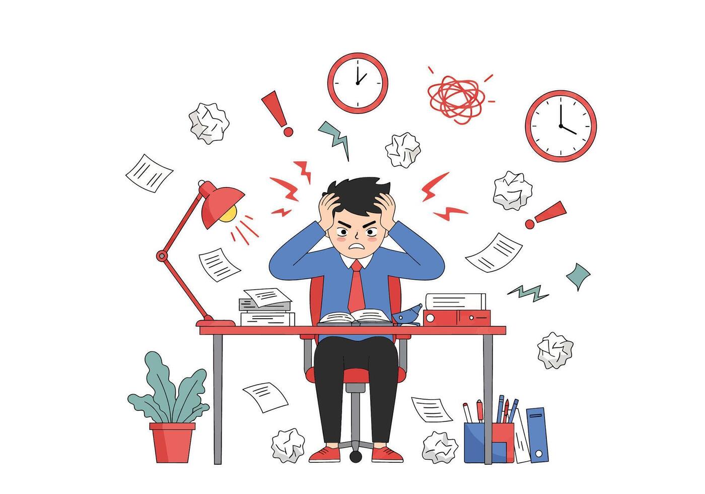 A man sitting at a desk with a lot of papers and other items around him vector