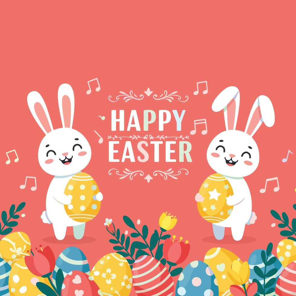 Happy easter background with cute bunnies and eggs vector