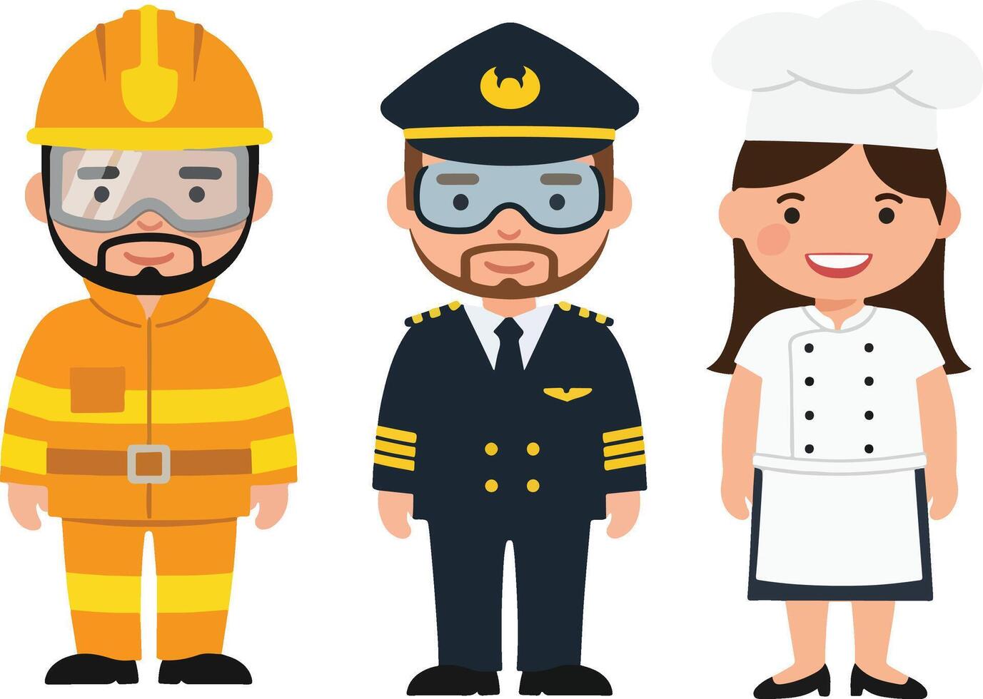 Three people in different professions, including a firefighter, a chef and a police officer vector
