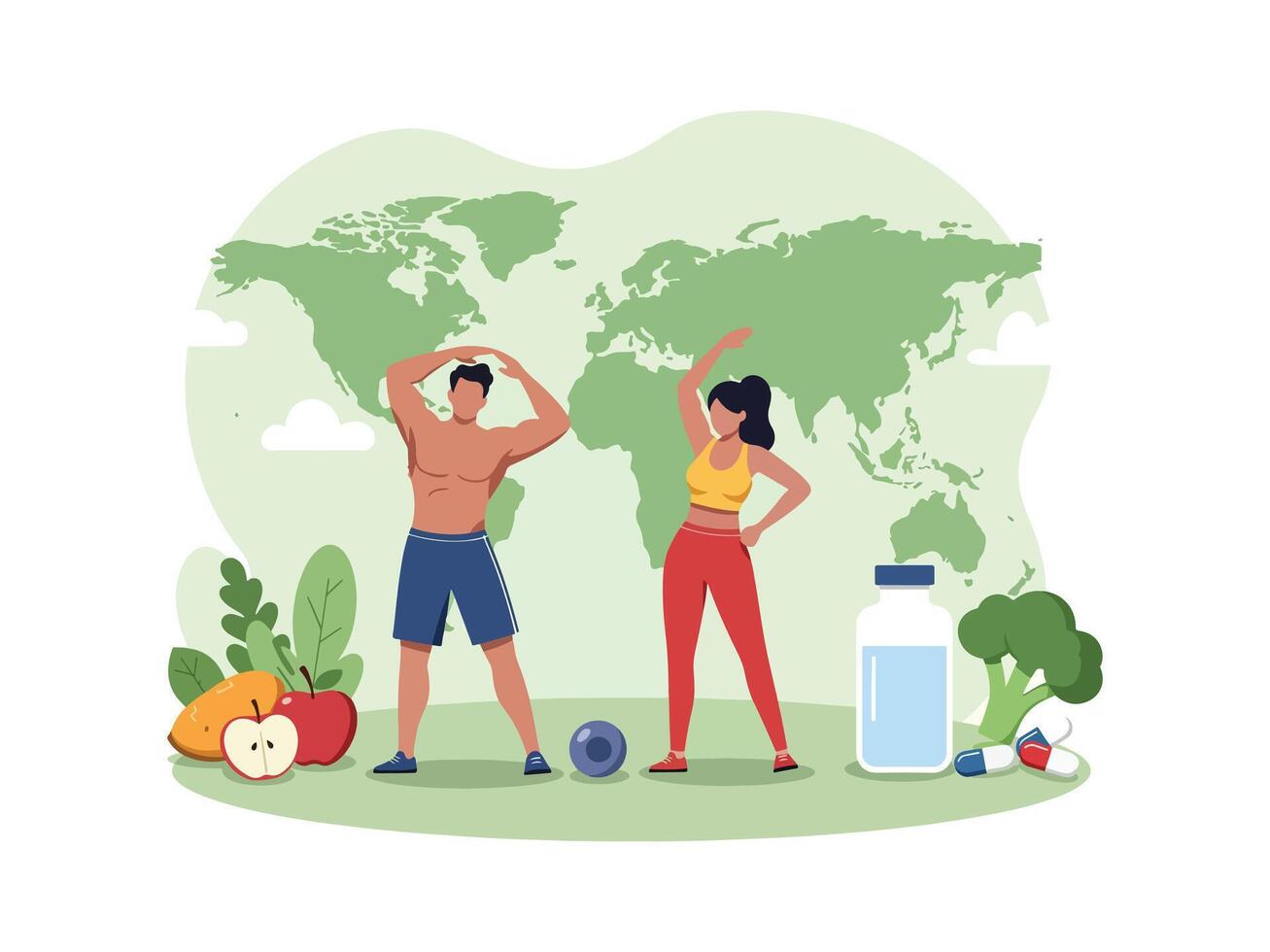 A man and woman are standing in front of a world map with food and vitamins vector